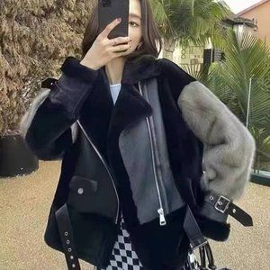 Nicole Benisti Shearling Fur Mixed Media Biker Jacket